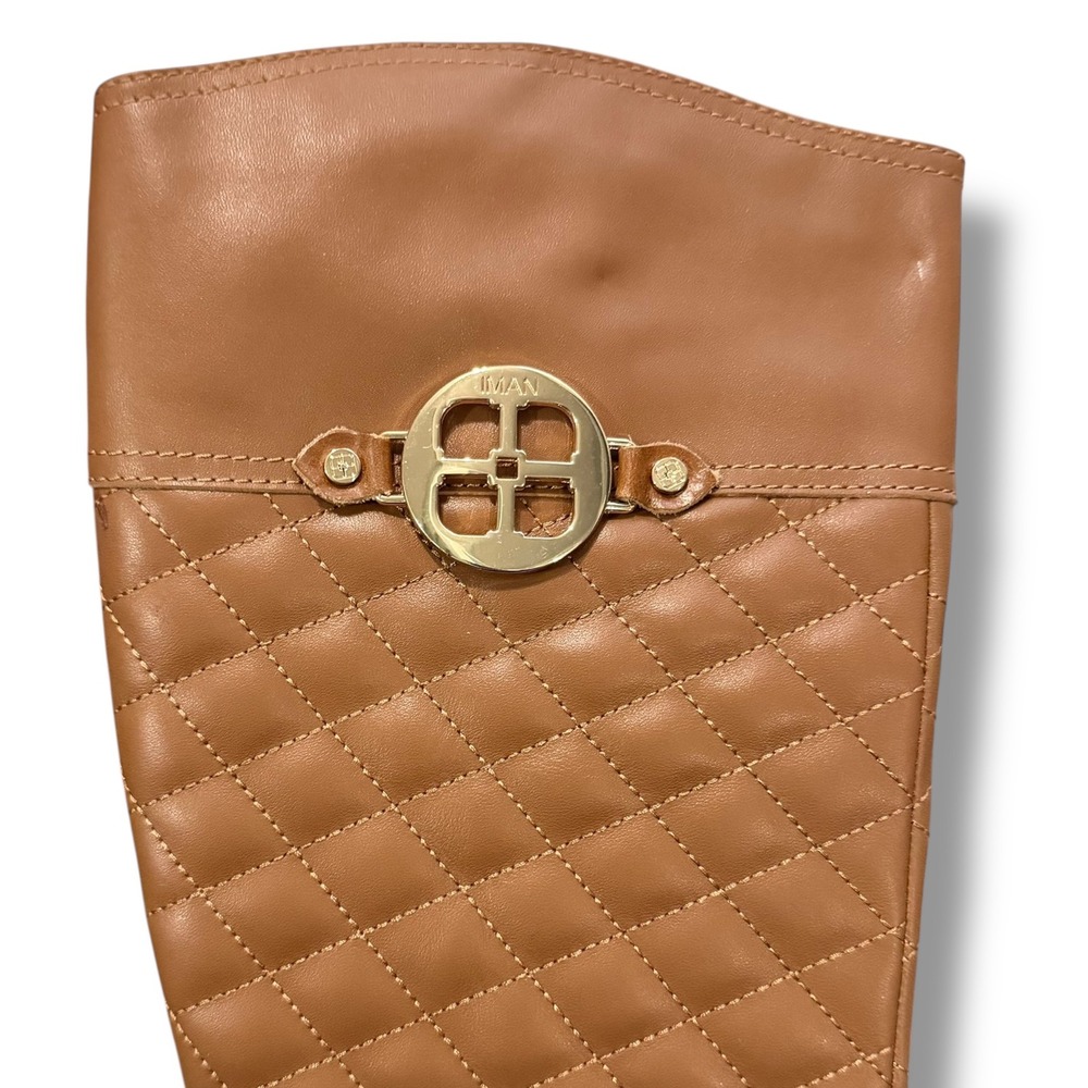 IMAN Women's quilted tan brown Leather Upper Riding Boots Size 7.5 - Picture 11 of 12
